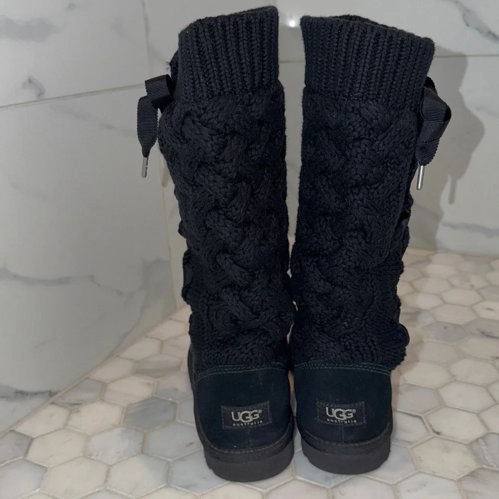 UGG Australia Mahayla Ribbon Black Tall Knit Boots Women’s Size 6